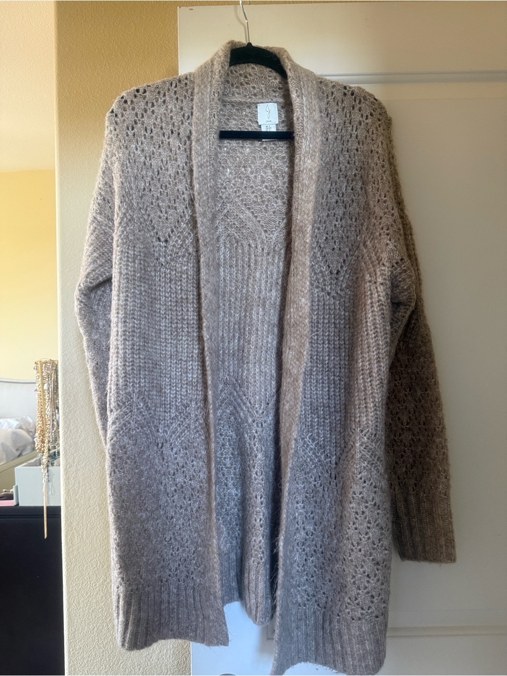 Joie Open-Front Taupe Soft Knit Cardigan with geo design Small